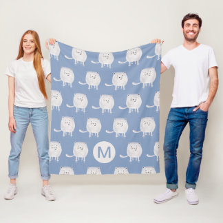 Cute Bouncing White Cat Pattern Monogram Blue Fleece Blanket