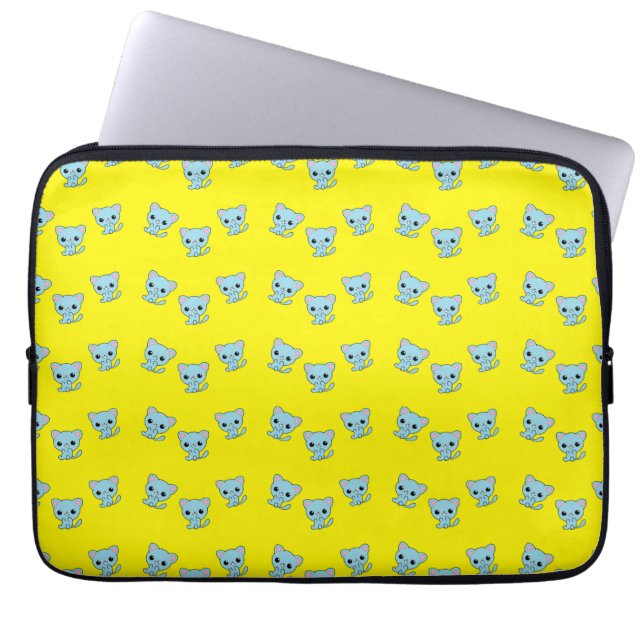 Cute bouncy blue kitten on yellow laptop sleeve (Front)