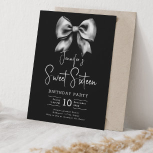 Cute Bow Coquette Script Sweet 16 Party Black Invitation
