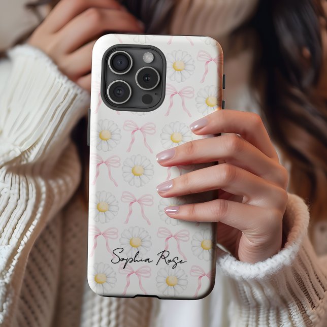 Cute Bow & Daisy Pattern Personalized Case-Mate iPhone Case (Preppy bow and daisy flowers pattern iphone case feminine coquette trend)