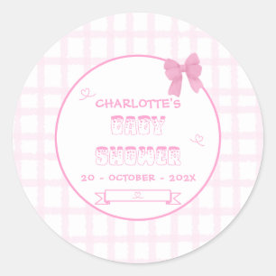 Cute Bow Pastel Pink Gingham Baby Shower Classic Round Sticker