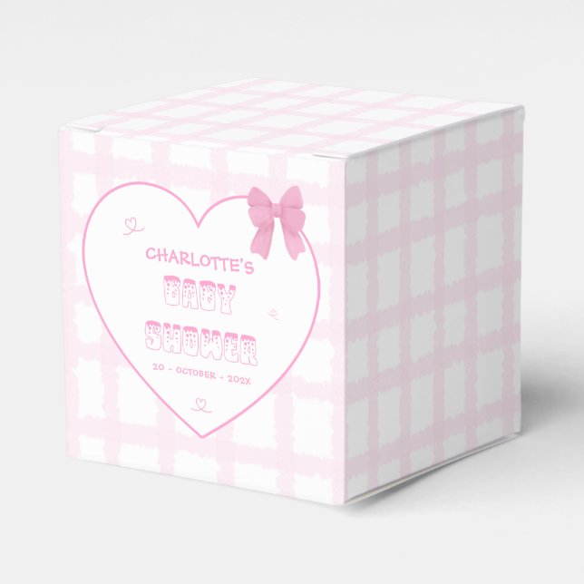 Cute Bow Pastel Pink Gingham Baby Shower Favor Box (Front Side)