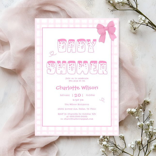 Cute Bow Pastel Pink Gingham Baby Shower Invitation (Creator Uploaded)