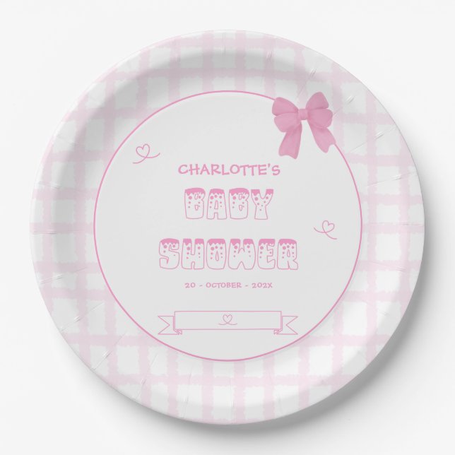 Cute Bow Pastel Pink Gingham Baby Shower Paper Plate (Front)