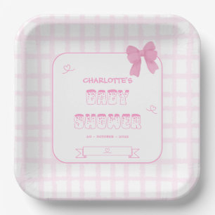Cute Bow Pastel Pink Gingham Baby Shower Square Paper Plate