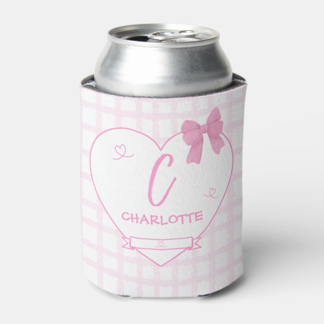 Cute Bow Pastel Pink Gingham Personalize Can Cooler (Can Front)