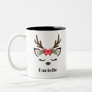 Cute Bow Reindeer Face Personalized Name Holiday Two-Tone Coffee Mug