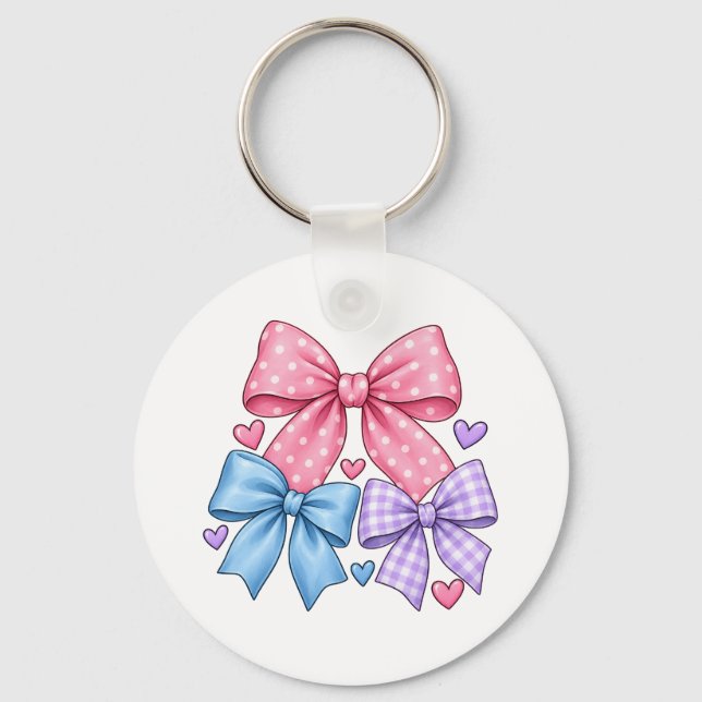 Cute Bow Ribbon Pattern – Pink Blue & Purple Bow  Keychain (Front)