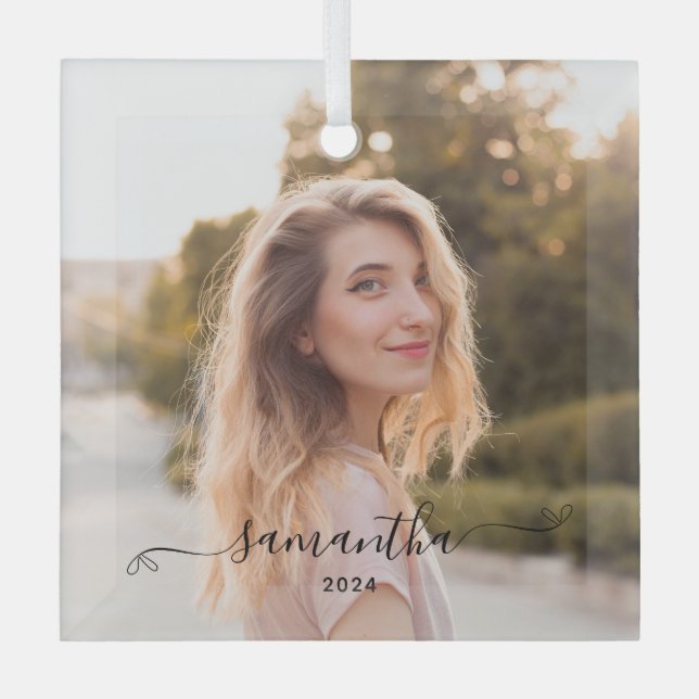 Cute Bow Signature Name Glass Ornament (Front)