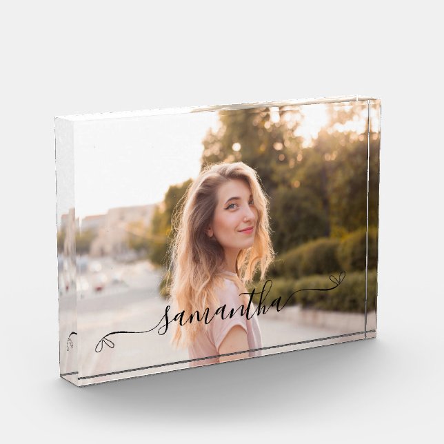 Cute Bow Signature Name Photo Block (Left)