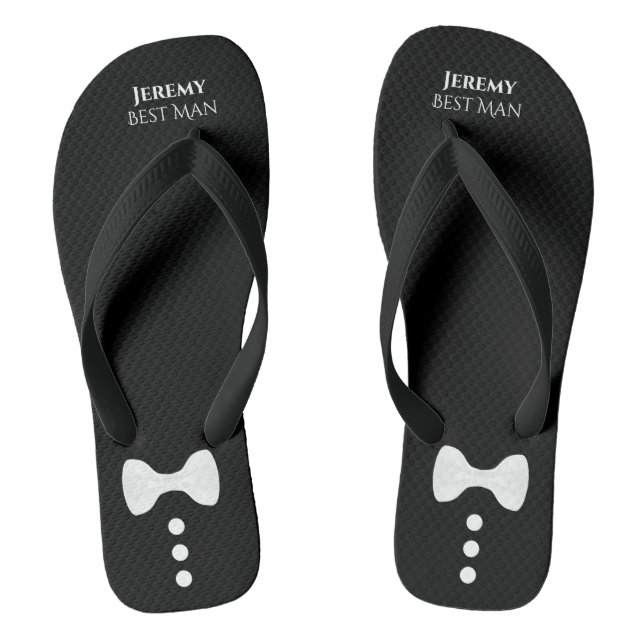 Cute Bow Tie & Buttons Black Best Man Wedding Flip Flops (Footbed)