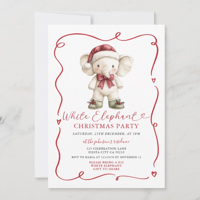 Cute Bow White Elephant Christmas Party Exchange Invitation (Front)