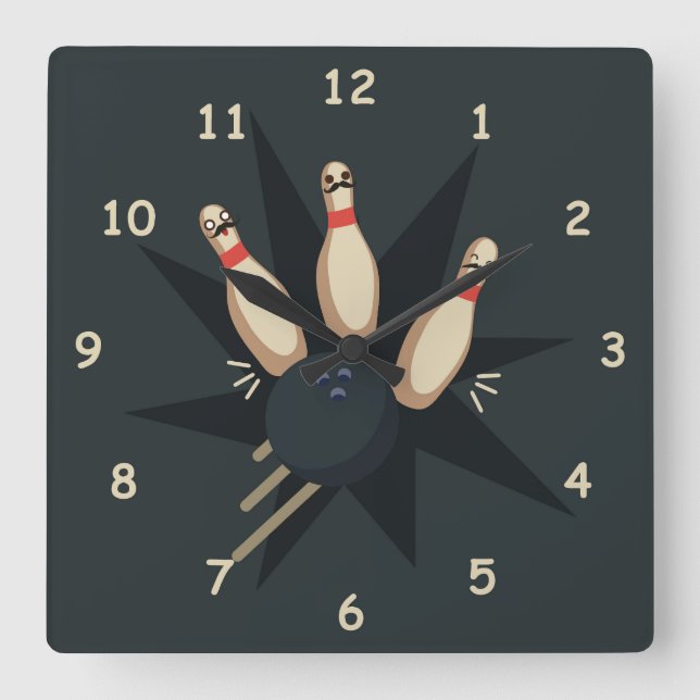 Cute Bowling Ball Striking Scared Pins Square Wall Clock (Front)