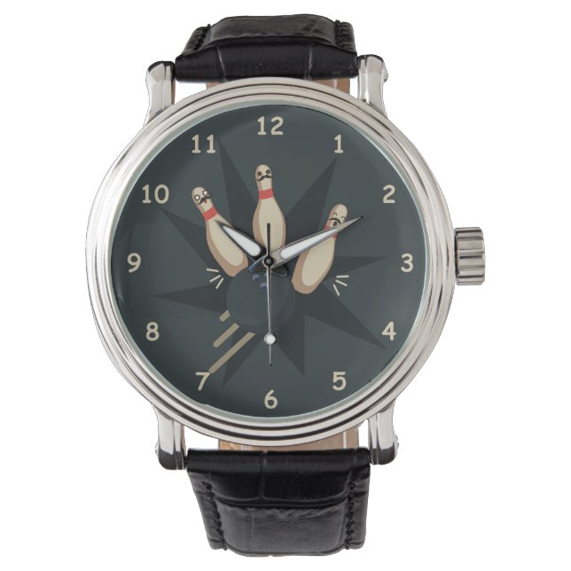 Cute Bowling Ball Striking Scared Pins Watch (Front)