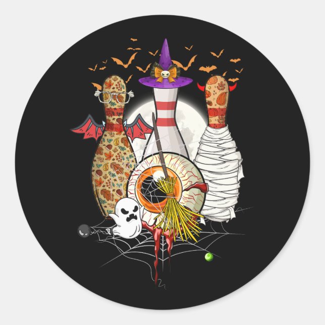 Cute Bowling Three Pins Witch Mummy Halloween Bowl Classic Round Sticker (Front)
