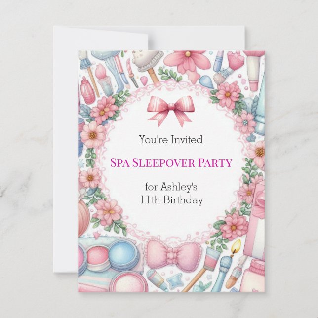 Cute Bows Spa Sleepover Birthday Party Invitation (Front)