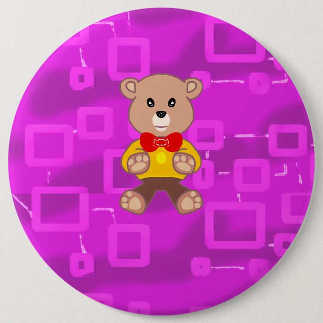 Cute Bowtie Teddy Bear Pink Geometric Button (Front)