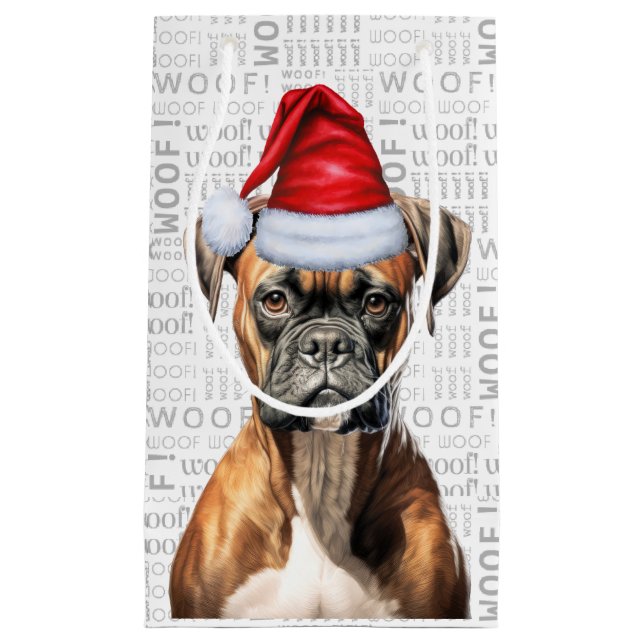Cute Boxer Christmas Dog Holiday Woof Word Art Small Gift Bag (Front)