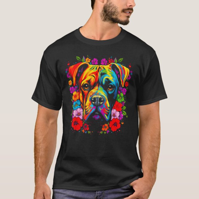 Cute Boxer Dog Flowers T-Shirt (Front)