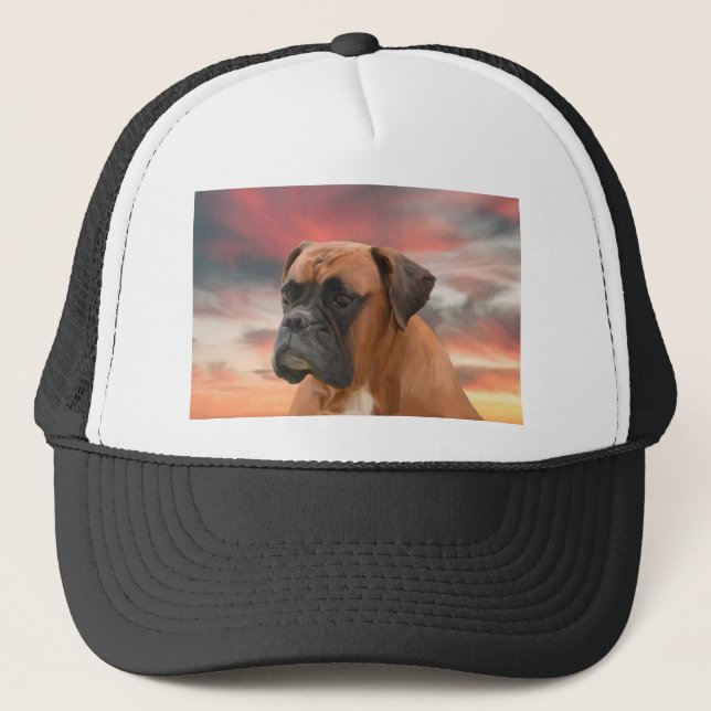 Cute Boxer Dog Water Colour Oil Painting Art Trucker Hat (Front)