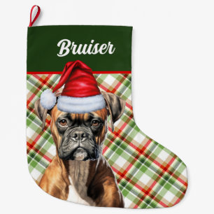 Cute Boxer Dog with Holiday Plaid Personalized Large Christmas Stocking