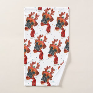 Cute Boxer Dog with Reindeer Antlers Christmas Hand Towel