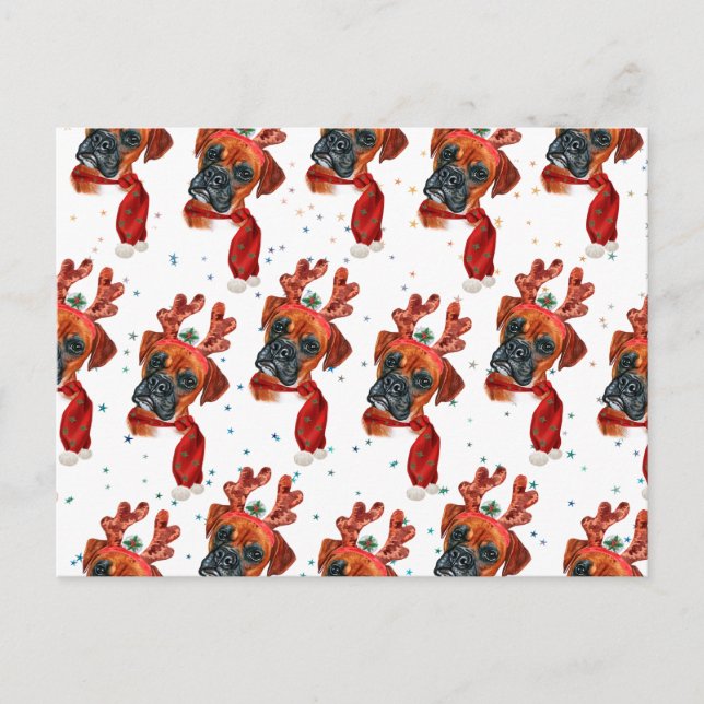 Cute Boxer Dog with Reindeer Antlers Christmas Holiday Postcard (Front)
