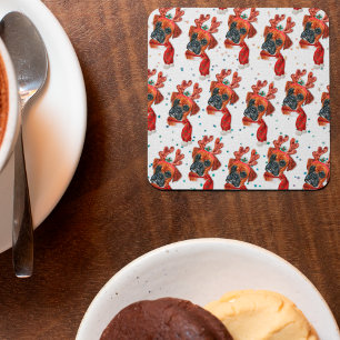 Cute Boxer Dog with Reindeer Antlers Christmas Square Paper Coaster