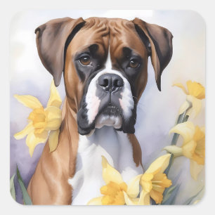 Cute Boxer Dog With Yellow Daffodils Watercolor Square Sticker