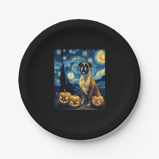 Cute Boxer Halloween Jack O Lantern Pumpkin Face S Paper Plate (Front)