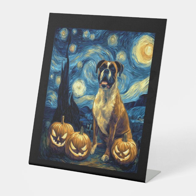 Cute Boxer Halloween Jack O Lantern Pumpkin Face S Pedestal Sign (Front)