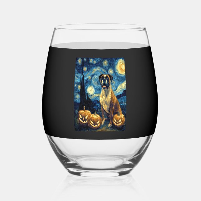 Cute Boxer Halloween Jack O Lantern Pumpkin Face S Stemless Wine Glass (Front)