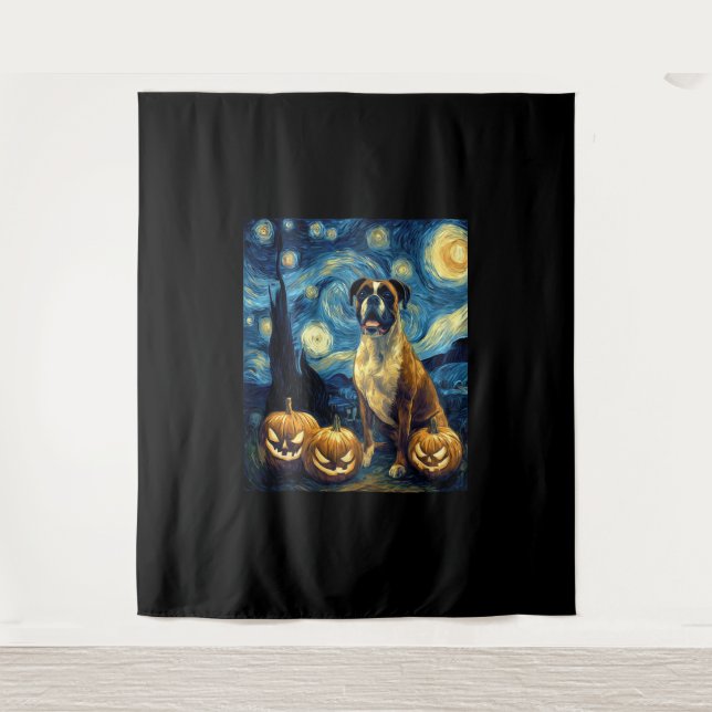 Cute Boxer Halloween Jack O Lantern Pumpkin Face S Tapestry (Front)