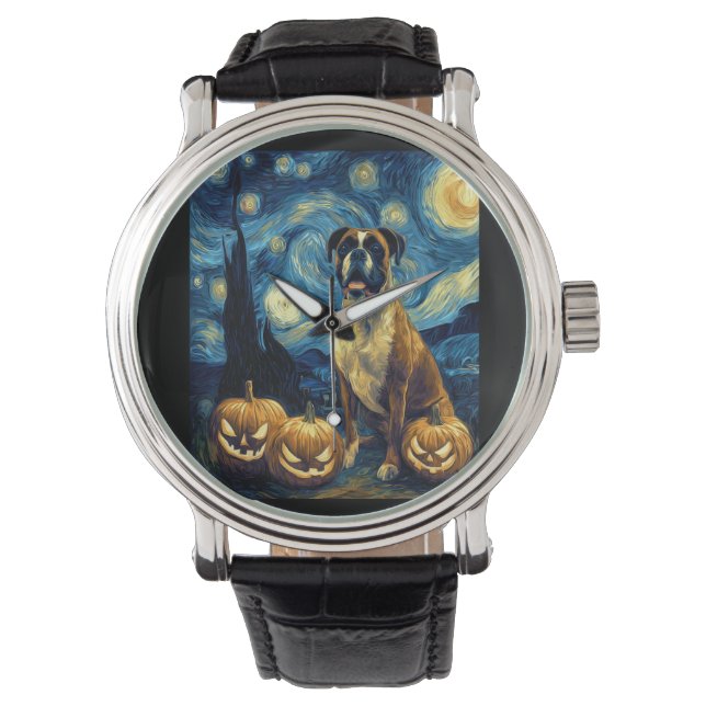 Cute Boxer Halloween Jack O Lantern Pumpkin Face S Watch (Front)