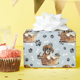 Cute Boxer Puppy in Basket Paw Print  Wrapping Paper