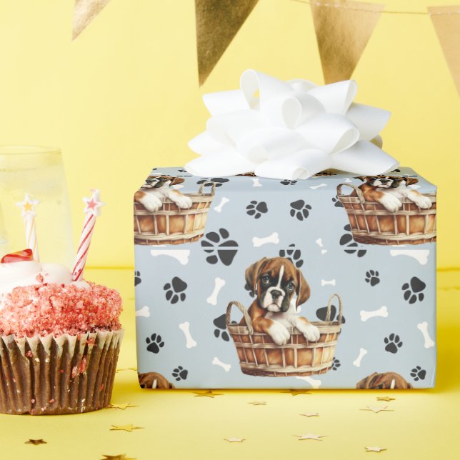 Cute Boxer Puppy in Basket Paw Print  Wrapping Paper (Birthday Party)