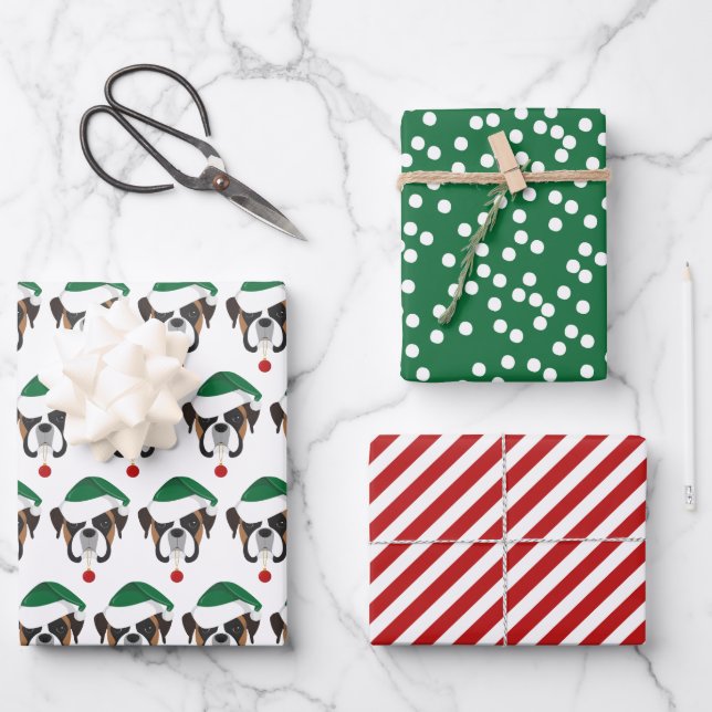 Cute Boxer & Red Striped Christmas Wrapping Paper Sheet (Front)