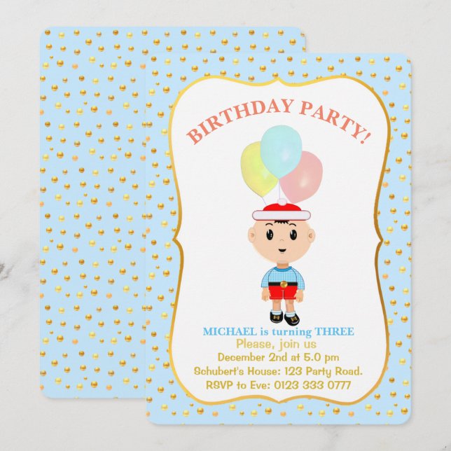 Cute Boy 3ème anniversaire Invitation (Devant / Derrière)