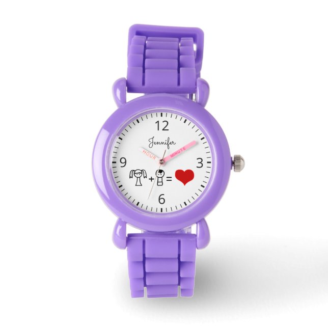 Cute boy and girl love doodle name red watch (Front)