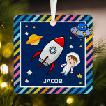 Cute Boy Astronaut Outer Space Rocket Kids Room Metal Ornament<br><div class="desc">Personalize this cute square ornament with your child's name to create your own unique custom boys room ornament.</div>