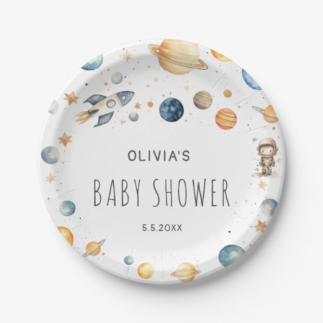 Cute Boy Astronaut Space Baby Shower Paper Plate (Front)