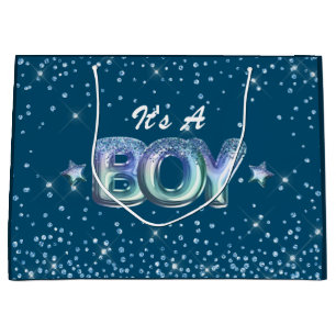 Cute boy baby shower blue glitter star gradient large gift bag