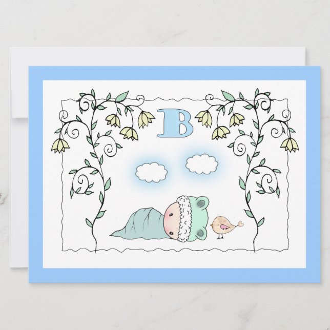 Cute Boy Baby shower Invites Baby and Bird (Front)