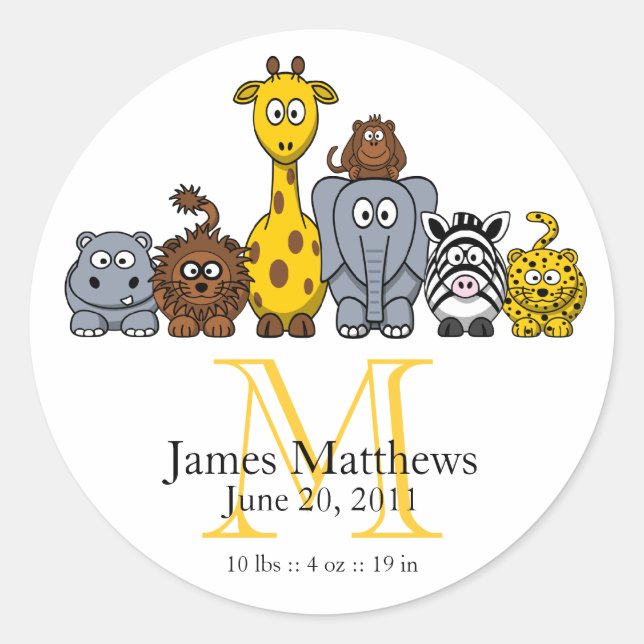 Cute Boy Birth Announcement Sticker Animals (Front)