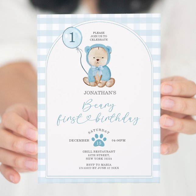 Cute Boy Blue Gingham Balloon Beary First Birthday Invitation (Creator Uploaded)