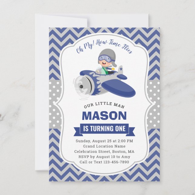 Cute Boy Blue Grey Airplane 1st Birthday Party Invitation (Front)