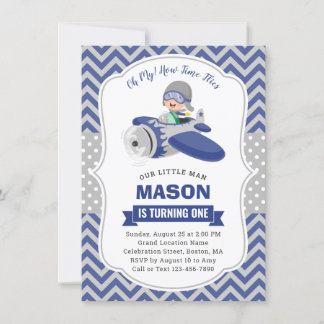 Cute Boy Blue Grey Airplane 1st Birthday Party Invitation