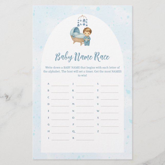 Cute Boy Blue Nursery Baby Shower Name Race Game  (Front)