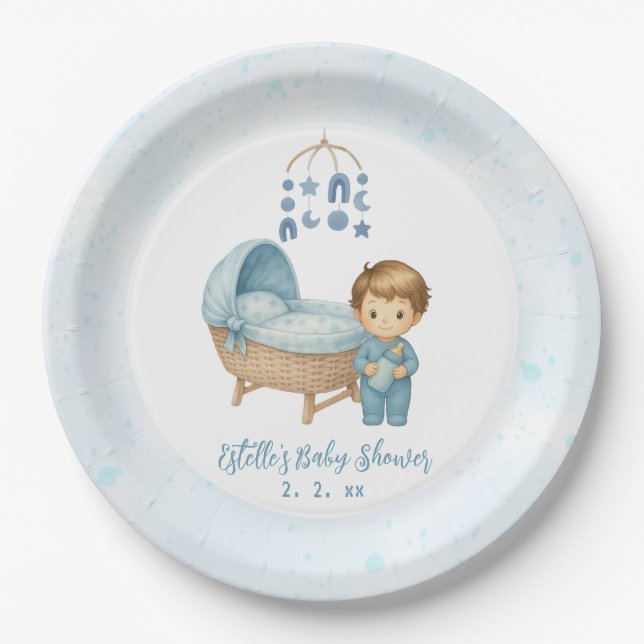 Cute Boy Blue Nursery Baby Shower  Paper Plate (Front)