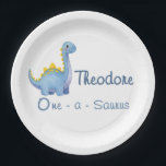 Cute Boy Blue Watercolor One-a-Saurus 1st Birthday Paper Plate<br><div class="desc">Cute Boy Blue Watercolor One-a-Saurus 1st Birthday Paper Plates. Plan a roaringly fun milestone with these adorable dinosaur 1st birthday paper plates to use at his 1st birthday coordinated with party supplies with the same theme. The design features a cute blue watercolor baby dinosaur and whimsical typography name and one-a-saurus....</div>